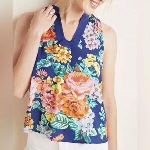Maeve Anthropologie Melange Blue Floral Sleeveless Top Shirt Blouse SZ 2 viscose